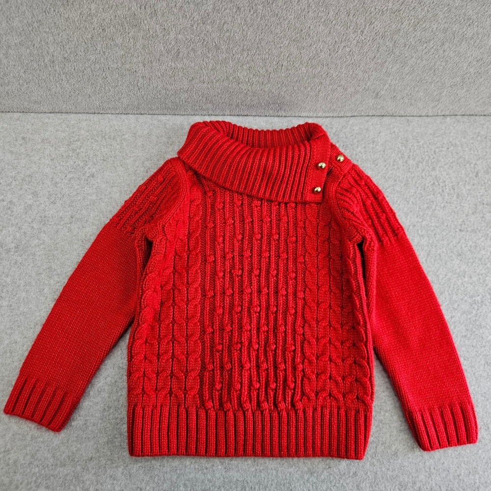 JANIE AND JACK Cable Knit Sweater Girl 2T Red Cowl Neck Gold Button Holiday Chic